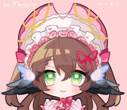 Rule 34 | 1girl, animal ears, bird ears, blush, bonnet, brown hair, closed mouth, commentary, commission, english commentary, flower, gloves, green eyes, hair flower, hair ornament, hair ribbon, hands up, indie virtual youtuber, looking at viewer, magpie (vtuber), moshimoshi (mo 518 mo), pink background, pink flower, pink gloves, pink ribbon, pink rose, ribbon, rose, simple background, skeb commission, smile, solo, two side up, upper body, virtual youtuber