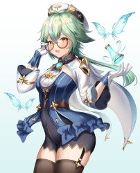Rule 34 | 1girl, animal ears, bottle, breasts, cape, genshin impact, glasses, gloves, green hair, hat, highres, long hair, medium breasts, moleshi, multicolored hair, open mouth, semi-rimless eyewear, solo, streaked hair, sucrose (genshin impact), vision (genshin impact), white background, white cape, yellow eyes