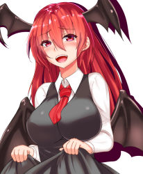 Rule 34 | 1girl, :d, bat wings, black dress, blush, breasts, clothes lift, collared shirt, colored eyelashes, commentary request, dress, dress lift, eyelashes, hair between eyes, head wings, impossible clothes, impossible dress, koakuma, kuzya, large breasts, long hair, long sleeves, looking at viewer, low wings, open mouth, red eyes, red hair, red neckwear, round teeth, shadow, shirt, simple background, smile, solo, teeth, tongue, touhou, white background, white shirt, wings