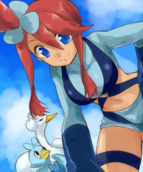 Rule 34 | 10s, 1girl, bent over, blue eyes, blue sky, creatures (company), day, ducklett, evolutionary line, game freak, gen 5 pokemon, gloves, gym leader, hair ornament, irouha, looking at viewer, looking down, midriff, navel, nintendo, pokemon, pokemon (creature), pokemon bw, pokemon bw2, red hair, shorts, sidelocks, sky, skyla (pokemon), smile, suspenders, swanna, swept bangs