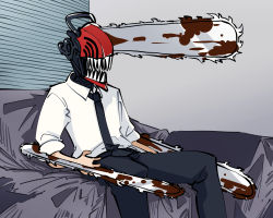 Rule 34 | 1boy, absurdres, black necktie, black pants, window blinds, blood, chainsaw, chainsaw man, collared shirt, commentary request, couch, denji (chainsaw man), feet out of frame, gram 9, highres, indoors, male focus, manatsu no yo no inmu, meme, monster boy, necktie, open mouth, pants, sharp teeth, shirt, sitting, sleeves rolled up, solo, teeth, white shirt, yjsnpi interview (meme)