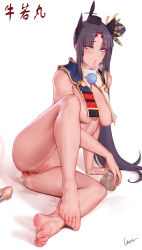 Rule 34 | 1girl, absurdres, ahegao, armor, ass, asymmetrical sleeves, barefoot, black hair, black hat, blue eyes, blue panties, breasts, butt plug, clitoris piercing, cum, cum in container, cum in cup, fate (series), feather hair ornament, feathers, feet, female ejaculation, hair ornament, has bad revision, has censored revision, hat, highres, japanese armor, labia piercing, large breasts, laserflip, long hair, medium breasts, mismatched sleeves, panties, parted bangs, piercing, purple hair, pussy, pussy piercing, sex toy, side ponytail, sitting, soles, solo, tongue, tongue out, uncensored, underwear, ushiwakamaru (fate), very long hair
