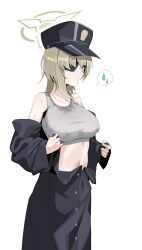 Rule 34 | absurdres, blue archive, coat, eyepatch, green eyes, green hair, green halo, halo, highres, navel, plentyofempty, short hair, simple background, suou (blue archive), sweat, sweatdrop, tank top, undressing, upper body, wet, wet clothes, white background