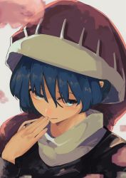 Rule 34 | 1girl, absurdres, black capelet, blue eyes, blue hair, capelet, closed mouth, commentary, doremy sweet, dream soul, dress, eyebrows hidden by hair, finger to mouth, grey background, hair over eyes, hat, highres, looking at viewer, nightcap, portrait, red hat, short hair, simple background, smile, smug, solo, totopepe888, touhou, turtleneck, white dress