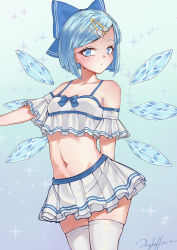 Rule 34 | 1girl, absurdres, alternate costume, alternate hairstyle, blue bow, blue eyes, blue hair, blush, bob cut, bow, cirno, closed mouth, commentary request, crop top, frilled shirt, frills, hair bow, hair ornament, hairclip, highres, ice, ice wings, littiecy, looking at viewer, midriff, miniskirt, navel, pleated skirt, shirt, short hair, signature, skirt, solo, sparkle, stomach, swept bangs, thighhighs, touhou, white skirt, white thighhighs, wings, zettai ryouiki