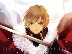 Rule 34 | 1boy, black gloves, cape, copyright name, dylan the island king, fur trim, gloves, grey eyes, hair between eyes, holding, holding sword, holding weapon, light brown hair, looking at viewer, male focus, pixiv fantasia, pixiv fantasia last saga, red cape, solo, standing, suzumina shiki, sword, upper body, weapon, white background