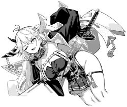 Rule 34 | 1girl, asymmetrical horns, azur lane, black gloves, breasts, dress, fang, fang out, gloves, greyscale, hakuryuu (azur lane), holding, holding sword, holding weapon, hori (hori no su), horns, large breasts, long hair, mismatched horns, monochrome, one eye closed, ootachi, pleated dress, skindentation, sword, weapon, wide sleeves