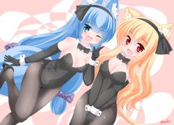 Rule 34 | 2girls, :d, ;d, animal ear fluff, animal ears, bare shoulders, black footwear, black gloves, black hairband, black leotard, black neckwear, black ribbon, blonde hair, blue eyes, blue hair, blush, bow, bowtie, breasts, brown legwear, cat ears, cat girl, cat tail, catsuit, cleavage, collar, commentary request, detached collar, dutch angle, elbow gloves, fang, gloves, hair between eyes, hair ribbon, hairband, kanijiru, kittysuit, large breasts, leotard, long hair, medium breasts, multiple girls, nontraditional playboy bunny, one eye closed, open mouth, original, own hands clasped, own hands together, pantyhose, red eyes, ribbon, shoes, signature, smile, standing, standing on one leg, strapless, strapless leotard, tail, twitter username, very long hair, white collar, wrist cuffs