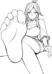 Rule 34 | 1girl, absurdres, barefoot, breasts, cleavage, feet, foot focus, highres, long hair, looking at viewer, monochrome, pov, scissor seven, sitting, soles, tianyu (scissor seven), toes