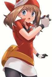 Rule 34 | 1girl, bandana, black pants, blue eyes, breasts, brown hair, collarbone, cowboy shot, creatures (company), game freak, gloves, highres, holding, holding poke ball, jacket, long hair, looking at viewer, may (pokemon), miniskirt, nintendo, open mouth, pants, pants under skirt, poke ball, pokemon, pokemon rse, red bandana, red jacket, short sleeves, simple background, skirt, small breasts, solo, standing, twintails, v-shaped eyebrows, white background, white gloves, white skirt, yuihico