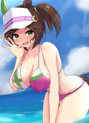 Rule 34 | 1girl, :d, absurdres, alternate costume, animal ears, bikini, blush, breasts, brown hair, ear covers, freckles, from side, green eyes, gryebooks, highres, horse ears, horse girl, horse tail, ines fujin (umamusume), large breasts, looking at viewer, open mouth, partially submerged, purple bikini, side ponytail, single ear cover, smile, solo, swimsuit, tail, umamusume, visor cap