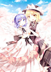 Rule 34 | 2girls, absurdres, adapted costume, angel wings, back bow, bad id, bad pixiv id, black bow, black bowtie, black headwear, black sash, black skirt, black vest, blonde hair, blue eyes, blue hair, bow, bowtie, buttons, cherry blossoms, chisen maimai, cloud, cloudy sky, collared vest, commentary request, dress, feathered wings, floral print, frilled dress, frills, hair bow, hand on another&#039;s shoulder, hat, hat bow, highres, holding hands, medium hair, multiple girls, open mouth, outdoors, pink bow, pink dress, ribbon, sash, shirt, short sleeves, skirt, sky, touhou, touhou (pc-98), vest, white bow, white ribbon, white sash, white shirt, white wings, wings, yellow eyes