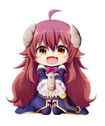 Rule 34 | 1girl, :d, ahoge, bare shoulders, blue sleeves, brown eyes, brown hair, chibi, curled horns, demon horns, detached sleeves, fang, frilled sleeves, frills, full body, hair between eyes, holding, horns, kuena, lilith (machikado mazoku), long sleeves, looking at viewer, machikado mazoku, open mouth, outstretched arms, purple thighhighs, seiza, simple background, sitting, smile, thighhighs, v-shaped eyebrows, white background, wide sleeves, yoshida yuuko (machikado mazoku)