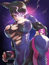 Rule 34 | black nails, breasts, capcom, eyepatch, glowing, glowing eye, gradient background, han juri, jumpsuit, nail polish, purple background, solo, street fighter, street fighter v, torn clothes, yotastar