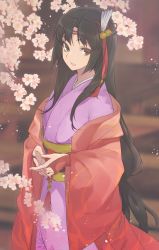 Rule 34 | 1girl, :d, bell, blurry, blurry background, branch, bridal gauntlets, brown eyes, brown hair, cherry blossoms, coat, commentary request, cowboy shot, duel monster, eyebrows hidden by hair, hair intakes, hair ornament, headband, highres, japanese clothes, kimono, long hair, looking at viewer, obi, open mouth, petals, pink kimono, print kimono, red coat, sash, shiranui skillsaga supremacy, sidelocks, smile, solo, tassel, tsumayouji (dekosoko), wide sleeves, yu-gi-oh!
