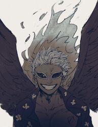 Rule 34 | 1boy, absurdres, black wings, hair slicked back, highres, looking at viewer, male focus, one piece, s-flamingo, seraphim (one piece), shirt, simple background, smile, sunglasses, teeth, tsuru 356, white background, wings