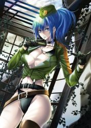 Rule 34 | 1girl, alternate costume, belt, black gloves, black panties, blue hair, blue lips, breasts, coco (eccentricrouge), earrings, eyepatch, garrison cap, gloves, hat, holding, holding riding crop, holding whip, holster, jewelry, leona heidern, lipstick, makeup, medium breasts, military, military hat, military uniform, no pants, panties, riding crop, snk heroines: tag team frenzy, solo, the king of fighters, thigh holster, thigh strap, thighhighs, underwear, uniform, whip