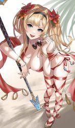 Rule 34 | 1girl, bare shoulders, bikini, blonde hair, blue eyes, bracelet, breasts, cleavage, commentary, flower, full body, granblue fantasy, hair flower, hair ornament, hairband, hibiscus, highres, holding, jewelry, kurone rinka, lips, long hair, looking at viewer, medium breasts, open mouth, polearm, red bikini, sandals, side-tie bikini bottom, simple background, smile, solo, spear, standing, sunglasses, swimsuit, symbol-only commentary, teeth, thighs, toes, weapon, zeta (granblue fantasy), zeta (summer) (granblue fantasy)