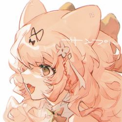Rule 34 | 1girl, animal ears, black bow, bow, bowtie, commentary request, fangs, flower, green bow, green hair, hair bow, hair flower, hair ornament, long hair, open mouth, original, orniflop, pink hair, portrait, shirt, simple background, smile, solo, translation request, white background, white shirt