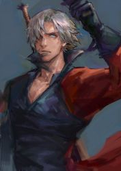 Rule 34 | 1boy, arm up, black gloves, blue background, blue eyes, closed mouth, coat, dante (devil may cry), devil may cry (series), devil may cry 2, gloves, hair over one eye, male focus, red coat, simple background, solo, sword, upper body, weapon, weapon on back, white hair, xiaopa25