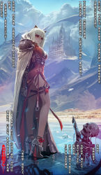 Rule 34 | 1girl, animal ears, ankle strap, black footwear, blonde hair, breasts, cape, chinese text, cloud, cloudy sky, commentary request, crack, dagger, dress, fishnets, flower, fox ears, gauntlets, high heels, highres, ice, knife, looking down, original, red dress, red eyes, rose, sannamaman, side-tie dress, simplified chinese text, skeleton, sky, solo, standing, temple, translation request, weapon