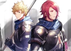 Rule 34 | 2boys, armor, black armor, blonde hair, blue scarf, closed mouth, gauntlets, granblue fantasy, green eyes, holding, holding weapon, male focus, multiple boys, official alternate costume, ono (0 no), percival (granblue fantasy), red eyes, red hair, scarf, short hair, shoulder armor, shoulder pads, upper body, vane (granblue fantasy), weapon