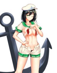 Rule 34 | 1girl, ;o, absurdres, anchor, anchor symbol, black hair, black panties, breasts, cleavage, clothes lift, convenient censoring, green eyes, green sailor collar, hand on own hip, hat, highres, leo23, lifting own clothes, looking at viewer, midriff, murasa minamitsu, navel, one eye closed, open clothes, open mouth, open shorts, panties, red neckwear, sailor, sailor collar, sailor hat, see-through, shirt lift, short hair, short sleeves, shorts, simple background, solo, standing, touhou, underboob, underwear, wet, white background, white hat