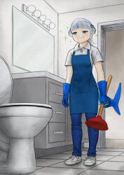 Rule 34 | 1girl, absurdres, apron, bathroom, blue eyes, blue gloves, blue hair, blush, carbide444, denim, drawer, frown, gawr gura, gloves, highres, hololive, hololive english, jeans, mirror, multicolored hair, pants, plunger, shoes, short sleeves, sneakers, sparkle, streaked hair, tile floor, tiles, toilet, virtual youtuber, white hair