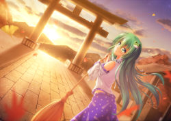 Rule 34 | 1girl, ahoge, bare shoulders, blouse, blue skirt, broom, commentary request, detached sleeves, dutch angle, female focus, frog hair ornament, green eyes, green hair, hair ornament, hair tubes, holding, kochiya sanae, leaf, long hair, long sleeves, looking at viewer, nullpuni, orange sky, parted lips, purple sky, shirt, skirt, sky, sleeveless, sleeveless shirt, snake hair ornament, solo, touhou, white shirt