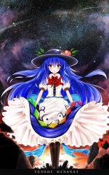 Rule 34 | 1girl, blue hair, boots, character name, cross-laced footwear, food, fruit, hat, highres, hinanawi tenshi, lace-up boots, long hair, momo retasu, peach, sky, solo, star (sky), starry sky, touhou, very long hair