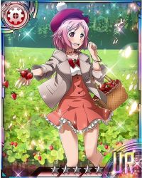 Rule 34 | 10s, 1girl, bracelet, card (medium), collarbone, dress, food, fruit, hair ornament, hairclip, hat, jewelry, lisbeth (sao), lisbeth (sao-alo), looking at viewer, mob cap, necklace, open mouth, outdoors, pink eyes, pink hair, pointy ears, red hat, short hair, solo, star (symbol), sword art online