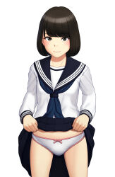 Rule 34 | 1girl, black sailor collar, black skirt, blue neckerchief, bob cut, bow, bow panties, closed mouth, clothes lift, commentary request, cowboy shot, crotch seam, frown, highres, lifting own clothes, long sleeves, looking at viewer, maburu (lojyq1eur3e8bit), miniskirt, neckerchief, original, panties, pleated skirt, sailor collar, school uniform, serafuku, shirt, short hair, simple background, skirt, skirt lift, solo, standing, underwear, white background, white shirt