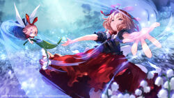 Rule 34 | 1girl, artist name, blonde hair, blue eyes, bow, commission, doll, dqn (dqnww), dress, field, flower, flower field, holding, holding flower, leaning back, lily of the valley, medicine melancholy, outstretched arms, red bow, red dress, short hair, short sleeves, spread arms, su-san, tagme, touhou, tumblr username, visible air, wavy hair