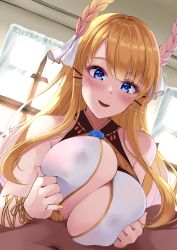 Rule 34 | 1girl, absurdres, azur lane, bare shoulders, blonde hair, blue eyes, blush, breasts, dress, hair ribbon, highres, large breasts, long hair, looking at viewer, open mouth, paizuri, paizuri under clothes, ribbon, simple background, victorious (azur lane), wee (weeyy)