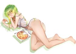 Rule 34 | 1girl, alternate costume, babydoll, barefoot, breasts, c.c., cleavage, closed mouth, code geass, fingernails, food, from above, from side, full body, green hair, groin, hair between eyes, head rest, highres, holding, holding food, legs together, lingerie, long fingernails, long hair, looking at viewer, lying, medium breasts, navel, negligee, off shoulder, on side, panties, pizza, pizza slice, see-through, simple background, smile, solo, stomach, thighs, underwear, underwear only, very long hair, white babydoll, white background, white panties, yellow eyes, zasshu