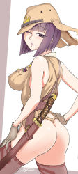 Rule 34 | 1girl, ass, bob cut, breasts, character request, gloves, hand on own hip, hat, highres, large breasts, looking at viewer, moeyo! sensha gakkou, nogami takeshi, one eye closed, purple eyes, purple hair, short hair, solo, sword, thighhighs, weapon