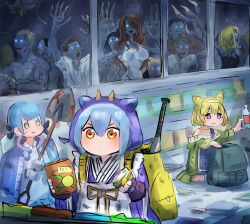 Rule 34 | 5girls, 6+boys, against glass, backpack, bag, baseball bat, blonde hair, blood, blue hair, bottle, breasts, brown hair, canned tuna, chips (food), dragon girl, dragon horns, duel monster, food, frown, glass, hatano kiyoshi, highres, horns, indoors, large breasts, laundry dragonmaid, long hair, multiple boys, multiple girls, night, oversized limbs, purple eyes, shovel, the weather painter snow, vendread revenants, witchcrafter potterie, yellow eyes, yu-gi-oh!, zombie