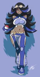 Rule 34 | 10s, 1girl, bad id, bad tumblr id, bare shoulders, bell-bottoms, big hair, bigdead, black hair, blue eyes, blue hair, breasts, chain belt, clothing cutout, contrapposto, creatures (company), dark-skinned female, dark skin, full body, game freak, goggles, goggles on head, hair over one eye, highres, holding, holding poke ball, large breasts, long hair, matching hair/eyes, midriff, multicolored hair, navel, nintendo, pants, poke ball, pokemon, pokemon oras, shelly (pokemon), shelly (pokemon oras), shoulder cutout, side cutout, solo, standing, team aqua, turtleneck