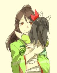 Rule 34 | 10s, 2girls, age difference, aged down, amagi (kancolle), bad id, bad twitter id, black hair, brown eyes, brown hair, carrying, furisode, hair between eyes, height difference, hug, japanese clothes, kantai collection, katsuragi (kancolle), kimono, long hair, looking at another, midriff, multiple girls, ponytail, siblings, simple background, sisters, smile, takatsuki nato