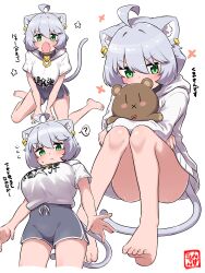 Rule 34 | 1girl, :o, ?, absurdres, ahoge, animal ear fluff, animal ears, bare legs, barefoot, breasts, cat ears, cat girl, cat tail, clothes writing, commentary, hugging doll, dolphin shorts, ear piercing, fang, feet, green eyes, grey hair, grey shorts, hair between eyes, highres, hood, hood down, hoodie, knees together feet apart, large breasts, legs, looking at viewer, medium hair, multiple views, ngetyan, no pants, hugging object, open mouth, original, piercing, renge (ngetyan), shirt, short sleeves, shorts, simple background, sitting, spoken question mark, stuffed animal, stuffed toy, tail, teddy bear, toes, translation request, white background, white hoodie, white shirt