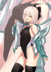 Rule 34 | 1girl, :d, absurdres, ahoge, black thighhighs, bow, breasts, competition swimsuit, contrapposto, covered navel, cowboy shot, fate (series), from side, hair between eyes, hair bow, highres, jacket, koha-ace, long sleeves, off shoulder, okita souji (fate), okita souji (koha-ace), one-piece swimsuit, open clothes, open jacket, open mouth, pink hair, short hair, short ponytail, sleeves past wrists, small breasts, smile, solo, speech bubble, standing, swimsuit, thighhighs, track jacket, ulrich (tagaragakuin), yellow eyes, zoom layer