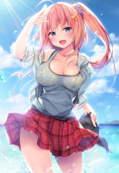 Rule 34 | 1girl, :d, ahoge, bare shoulders, blue eyes, blue sky, blush, breasts, cleavage, cloud, collarbone, commentary request, cowboy shot, day, drawstring, fang, grey jacket, grey shirt, hair ornament, hair scrunchie, hand up, horizon, jacket, konomi (kino konomi), large breasts, light rays, long hair, looking at viewer, miniskirt, ocean, off shoulder, open clothes, open jacket, open mouth, orange hair, original, outdoors, plaid, plaid skirt, pleated skirt, red skirt, scrunchie, shirt, short sleeves, side ponytail, skirt, sky, smile, solo, star (symbol), star hair ornament, sunbeam, sunlight, tail, tank top, thighs, v-shaped eyebrows, water