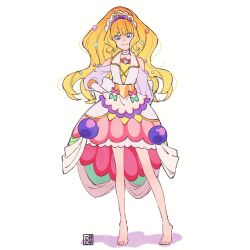 Rule 34 | 1girl, aoi tete, artist logo, barefoot, blonde hair, blue eyes, blunt bangs, bridal gauntlets, brooch, candy, candy hair ornament, choker, closed mouth, clothing cutout, cure finale, delicious party precure, dress, food, food-themed hair ornament, full body, hair ornament, hand on own hip, heart, heart brooch, highres, jewelry, kasai amane, konpeitou, long hair, long sleeves, looking at viewer, medium dress, multicolored clothes, multicolored dress, precure, shadow, shoulder cutout, simple background, smile, solo, standing, tiara, white background, white choker, wide ponytail