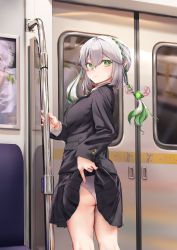 Rule 34 | 1girl, absurdres, aged up, alternate costume, ass, blazer, braid, clothes lift, commentary request, from behind, genshin impact, gradient hair, green eyes, grey hair, hair between eyes, hair ornament, highres, holding, jacket, koyui (ziwei), lifted by self, long hair, long sleeves, looking at viewer, looking back, multicolored hair, nahida (genshin impact), panties, pleated skirt, pointy ears, reflection, school uniform, seat, sidelocks, single braid, skirt, skirt lift, smile, solo, symbol-shaped pupils, train, train interior, twintails, underwear, white panties, window