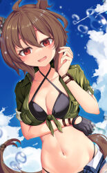 Rule 34 | 1girl, :d, agnes tachyon (lunatic lab) (umamusume), agnes tachyon (umamusume), ahoge, animal ears, arm under breasts, bikini, bikini under clothes, black bikini, blue sky, breasts, brown hair, cleavage, cloud, collarbone, collared jacket, commentary request, cowboy shot, criss-cross halter, day, dutch angle, ear ornament, empty eyes, green jacket, groin, hair between eyes, halterneck, hand up, highres, horse ears, horse girl, horse tail, jacket, looking at viewer, medium breasts, midriff, navel, open clothes, open mouth, open shorts, partial commentary, red eyes, short hair, short shorts, short sleeves, shorts, sidelocks, sky, smile, solo, standing, summer sun calms down blue (umamusume), swimsuit, tail, tied jacket, umamusume, wristband, yasume yukito