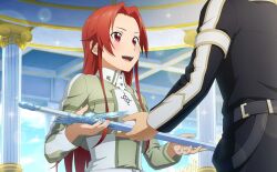 Rule 34 | 1boy, 1girl, :d, black jacket, blue rose sword, blush, green shirt, hair intakes, indoors, jacket, kirito, lens flare, long hair, long sleeves, open mouth, red eyes, red hair, sheath, sheathed, shirt, smile, solo focus, sparkle, straight hair, sword, sword art online, tiese schtrinen, upper body, very long hair, weapon, wing collar