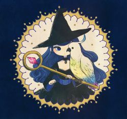 Rule 34 | 1girl, ayu (mog), bird, blue background, blue eyes, blue hair, choker, cockatiel, crystal, hat, long hair, staff, wavy hair, witch hat