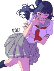 Rule 34 | 1girl, blazer, blue hair, blue skirt, blush, bow, breasts, cardigan, cleavage, commentary, english commentary, hair bun, highres, jacket, long hair, looking at viewer, love live!, mefomefo, nail, neckerchief, nose, numbered, one eye closed, open mouth, pleated skirt, purple eyes, red neckerchief, sailor collar, school uniform, serafuku, shirt, simple background, skirt, smile, socks, solo, stomach, sunlight, thighs, tsushima yoshiko, v