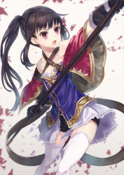 Rule 34 | 1girl, atelier (series), atelier totori, bare shoulders, black eyes, black gloves, black hair, breasts, cleavage, female focus, gloves, mimi houllier von schwarzlang, open mouth, parsley-f, polearm, ponytail, short shorts, shorts, simple background, small breasts, solo, thighhighs, weapon, white thighhighs