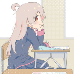 Rule 34 | 1girl, ahoge, bag, black jacket, black skirt, braid, brown eyes, cafe (owleelcafe), chair, commentary, desk, elbow rest, eraser, from side, genderswap, genderswap (mtf), grey hair, head rest, highres, indoors, jacket, long hair, long sleeves, looking at viewer, looking to the side, mechanical pencil, multicolored hair, onii-chan wa oshimai!, oyama mahiro, pencil, pink hair, school bag, school chair, school desk, school uniform, sitting, skirt, smile, solo, symbol-only commentary, twin braids, two-tone hair, v